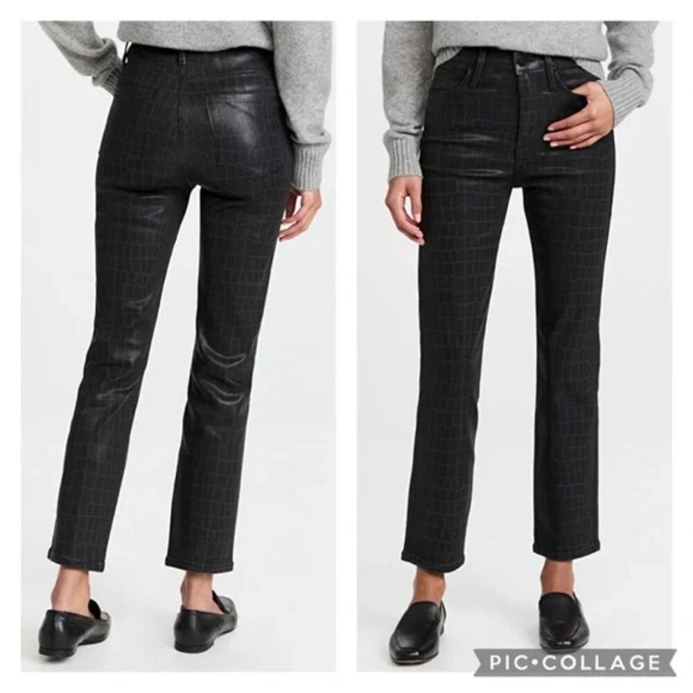 FRAME Le Sylvie Slender Straight High Rise Jeans Noir Black Croc Coated Size 27